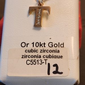 NEW 10K YG "INITIAL T" CUBIC ZIRCONIA PENDANT